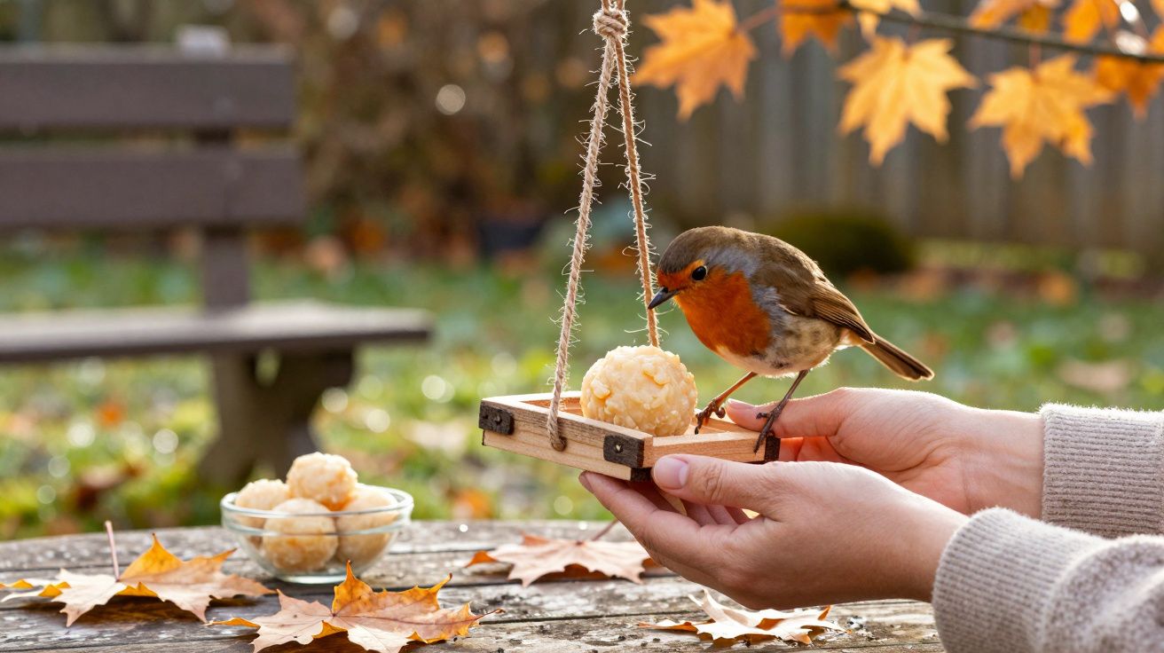 Mão segurando um alimentador de pássaros com um pisco-de-peito-ruivo, folhas de outono ao fundo.