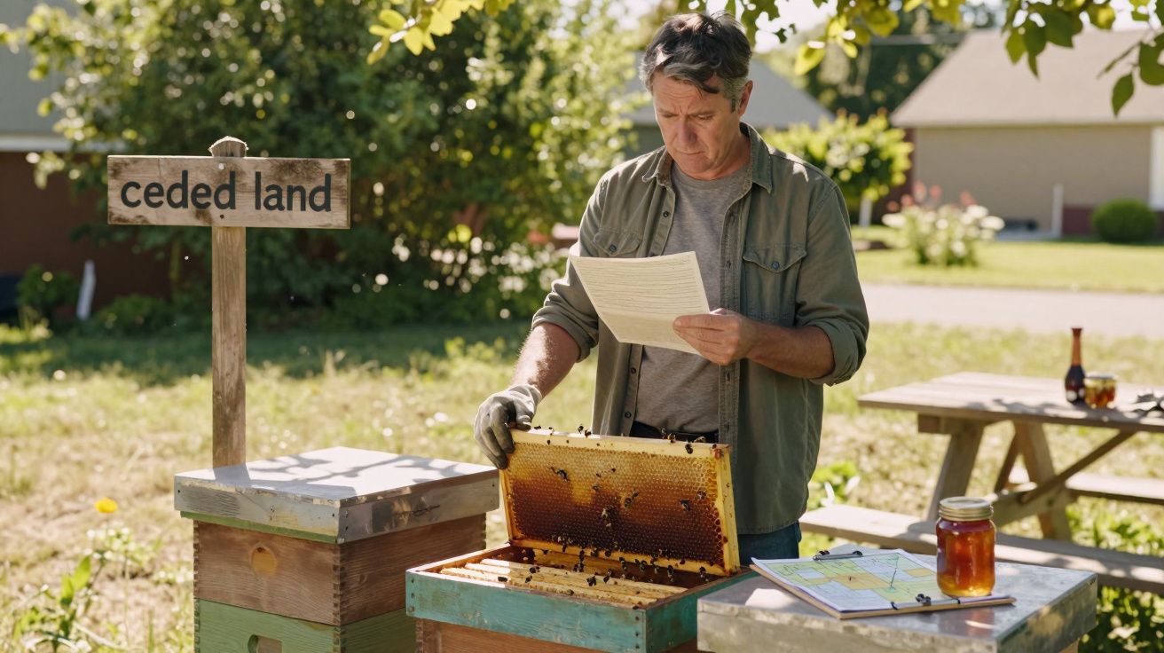 Homem lendo documento ao lado de colmeia aberta em jardim com placa "ceded land", mesa de piquenique e frascos de mel.
