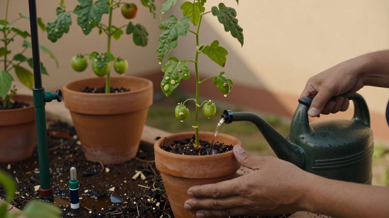 Mãos regam planta de tomate em vaso de barro num jardim, com regador verde.