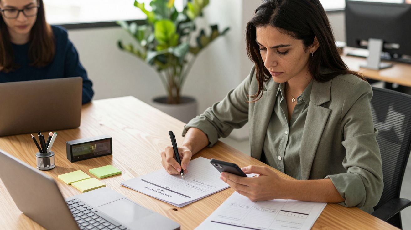Mulher focada no telemóvel, escreve numa folha em ambiente de escritório com portátil.