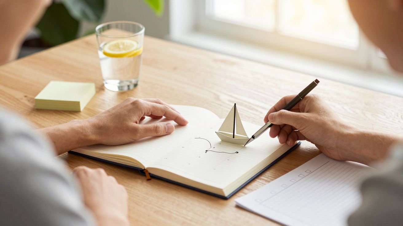 Duas pessoas desenham um barco de papel num caderno. Há um copo de água com limão na mesa.