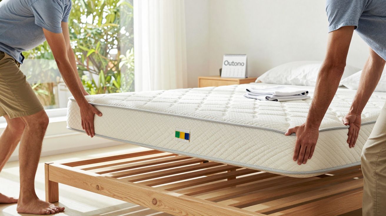 Duas pessoas a levantar um colchão branco sobre uma estrutura de cama de madeira num quarto iluminado.