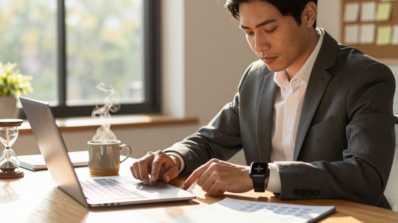 Homem de fato a trabalhar no portátil, verificando o smartwatch. Chávena de café e ampulheta na mesa.