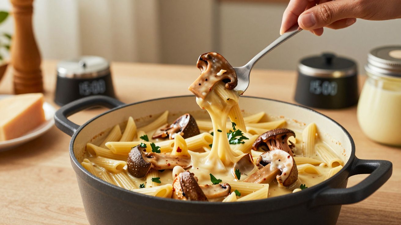 Massa penne com cogumelos e queijo derretido numa panela, sendo servida com um garfo.