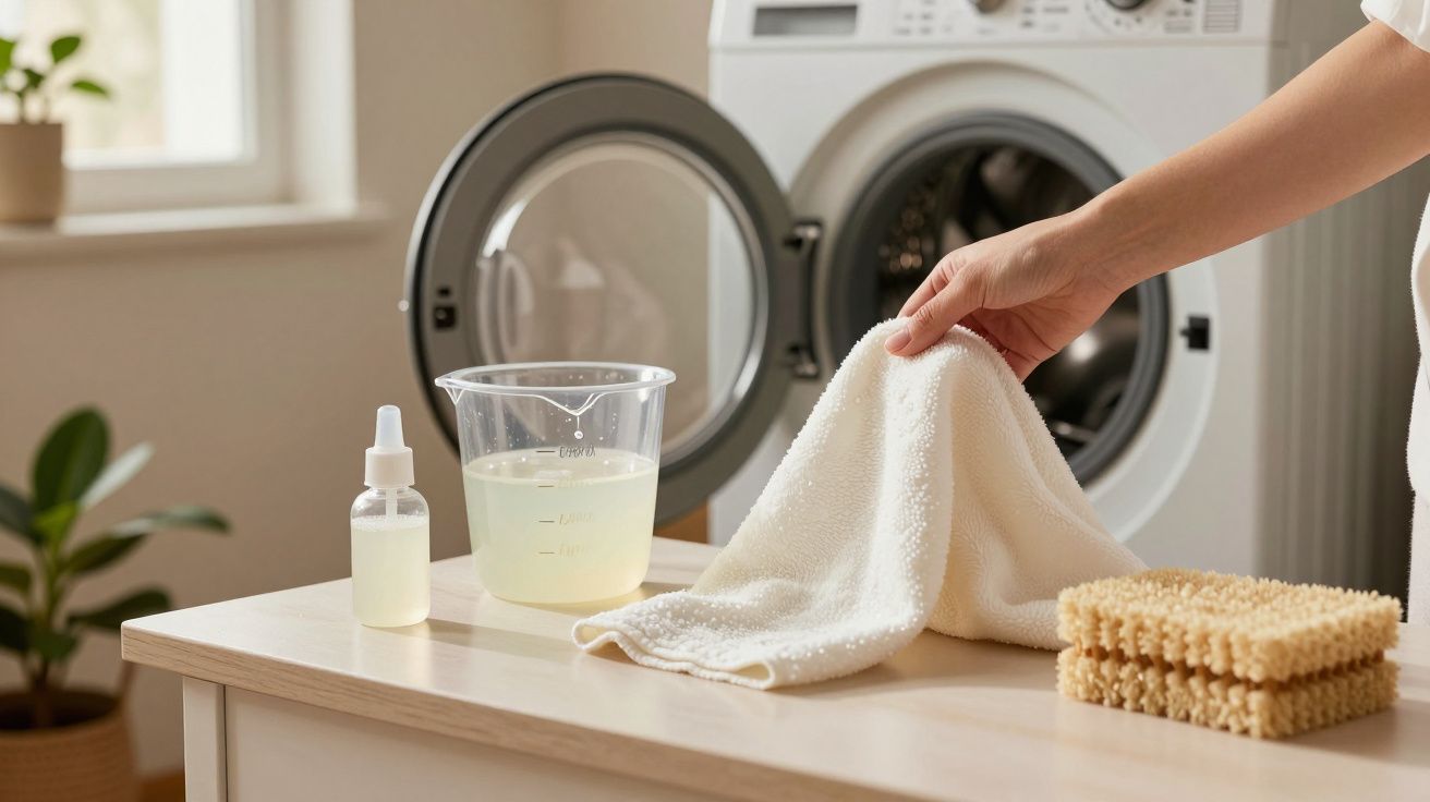 Mão segurando toalha branca em frente a máquina de lavar, com frascos e esponjas sobre a mesa.