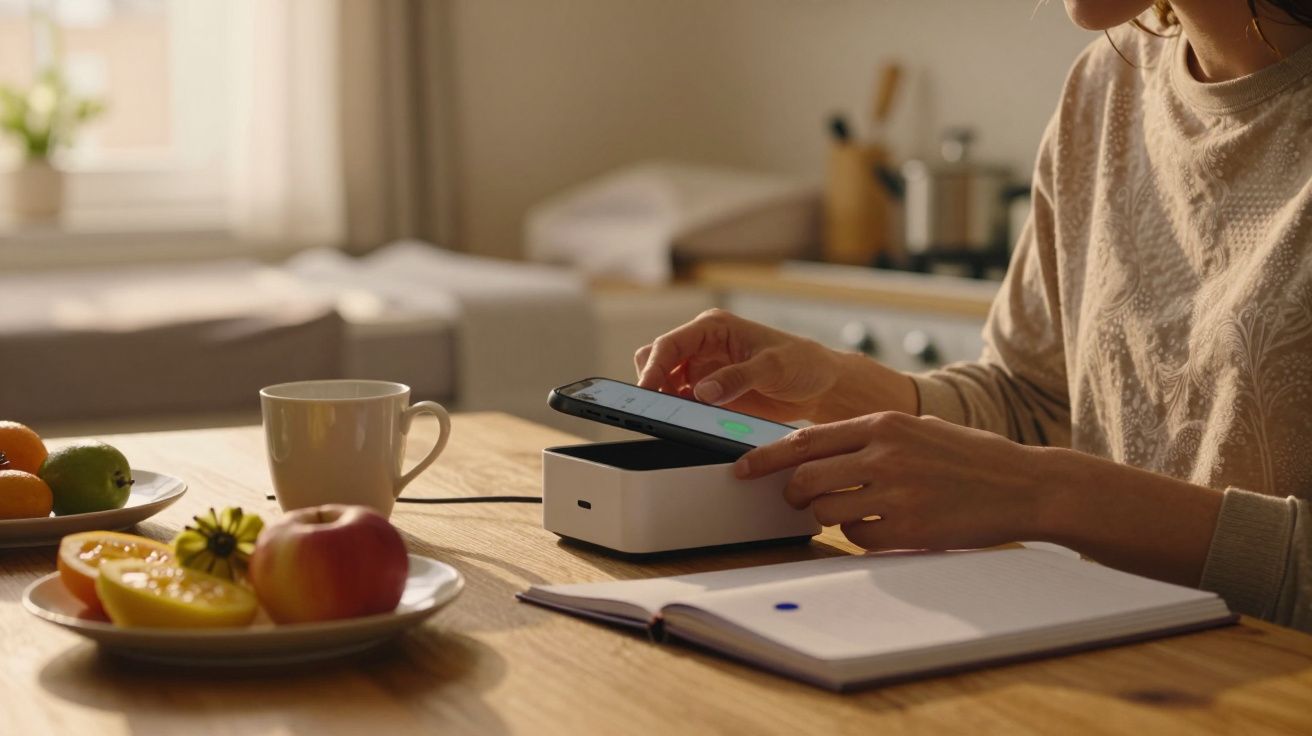 Pessoa a usar smartphone enquanto toma café à mesa com fruta e livro aberto na cozinha iluminada pelo sol.