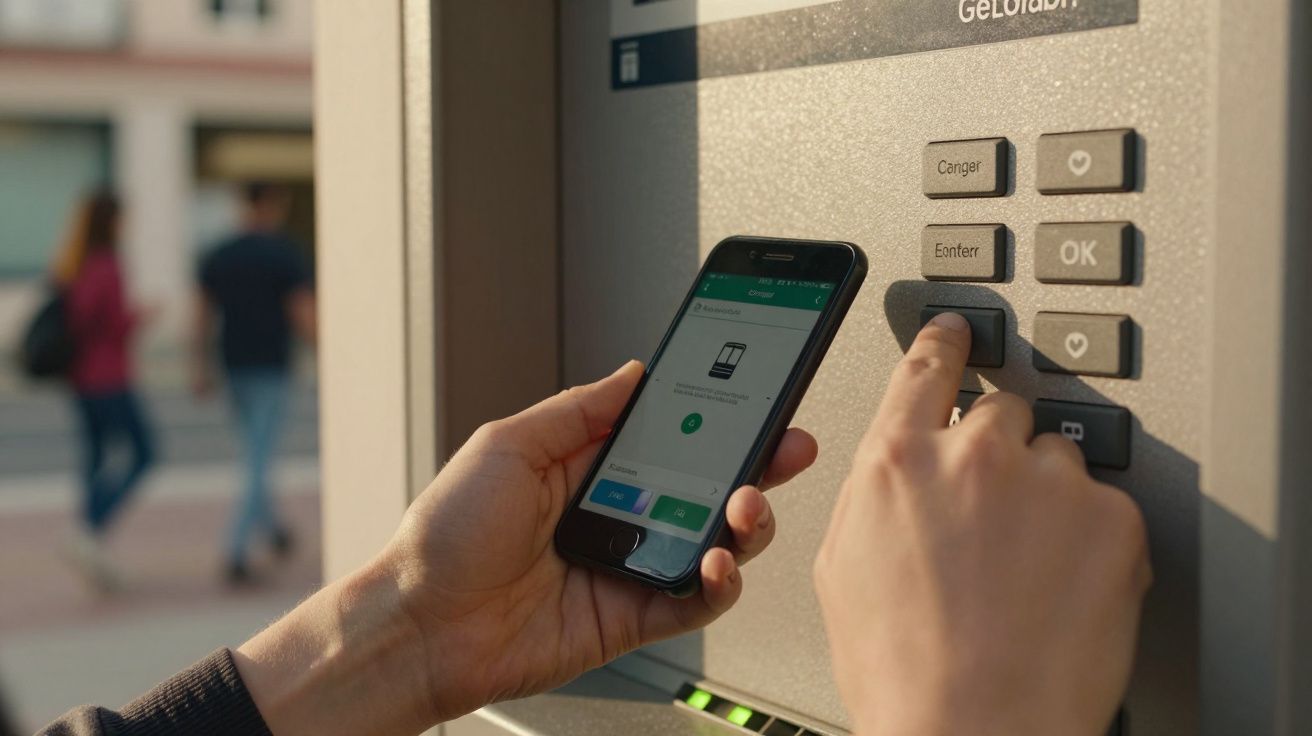 Pessoa usa smartphone para aceder a um caixa multibanco, pressionando botões no terminal exterior.