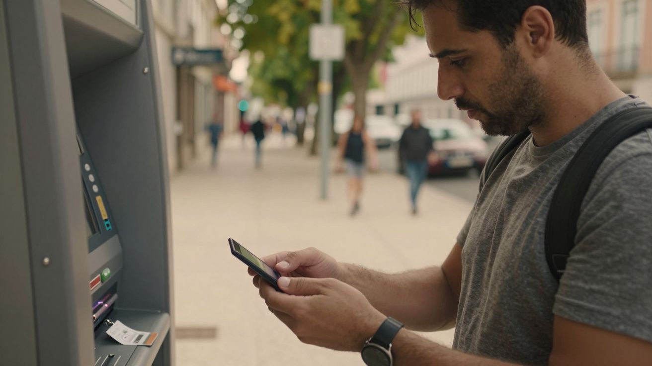 Homem usando smartphone em frente a multibanco numa rua movimentada.