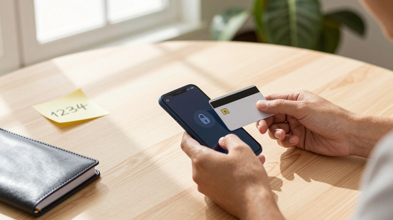 Pessoa segura telemóvel bloqueado e cartão de crédito, com bloco de notas e planta ao fundo, num ambiente iluminado.