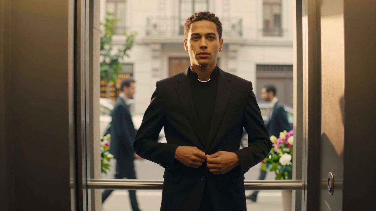 Homem de fato preto ajustando o casaco numa entrada, com flores e pessoas desfocadas ao fundo na cidade.