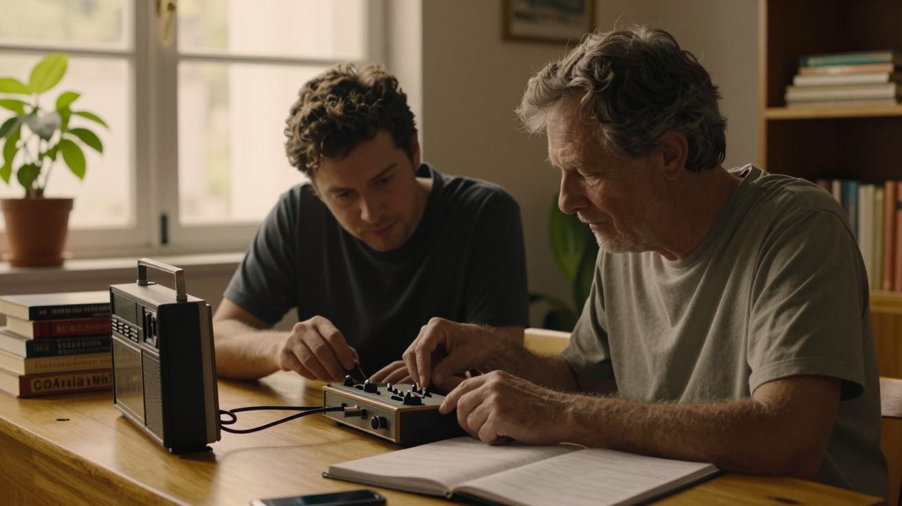 Dois homens ajustam um aparelho de áudio numa mesa de madeira, com livros ao lado e janela ao fundo.