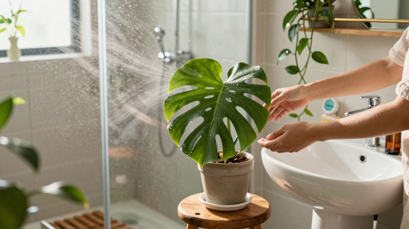 Pessoa a cuidar de uma planta Monstera em vaso num banheiro com luz natural e lavatório ao lado.