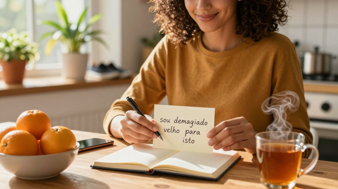 Mulher a escrever num caderno na cozinha, com laranjas e chá sobre a mesa.