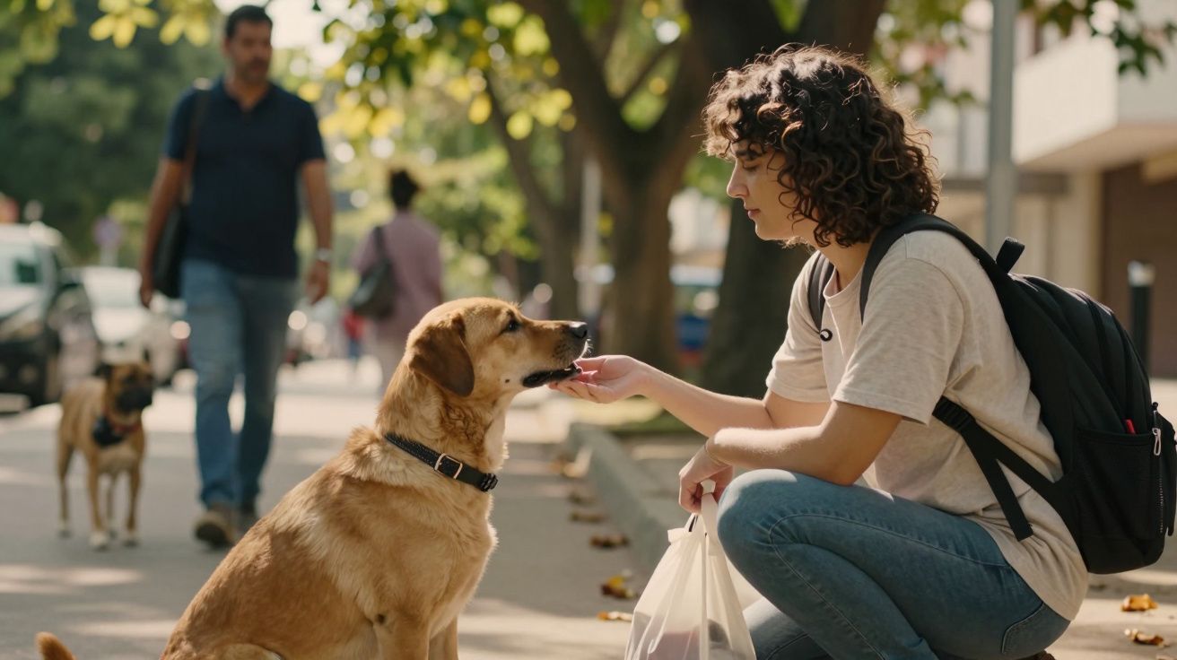 Mulher jovem agachada a acariciar cão castanho numa rua arborizada com pessoas ao fundo.