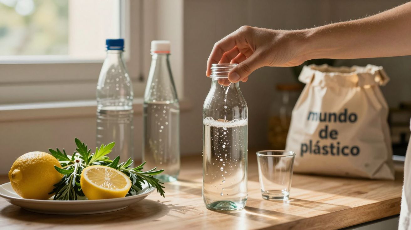 Mão segurando garrafa de vidro com água, limões e garrafas ao fundo, junto a saco de papel com texto "mundo de plástico".