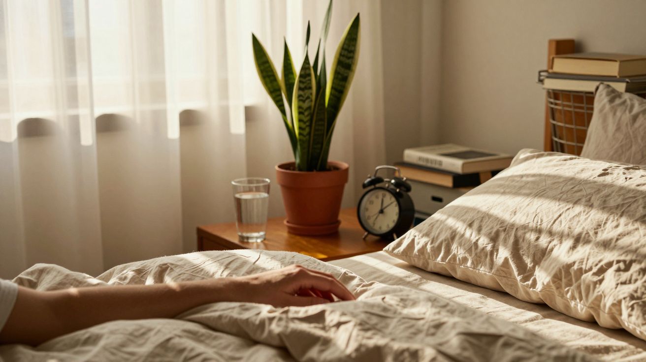 Quarto ensolarado com planta, copo de água e despertador na mesa de cabeceira ao lado de uma cama desfeita.