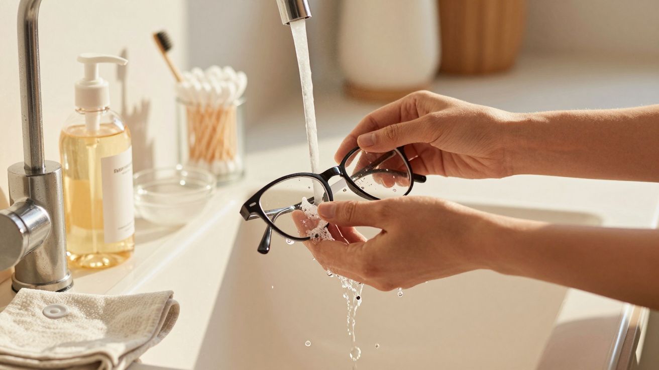 Mãos a lavar óculos de grau debaixo de água corrente numa casa de banho iluminada.