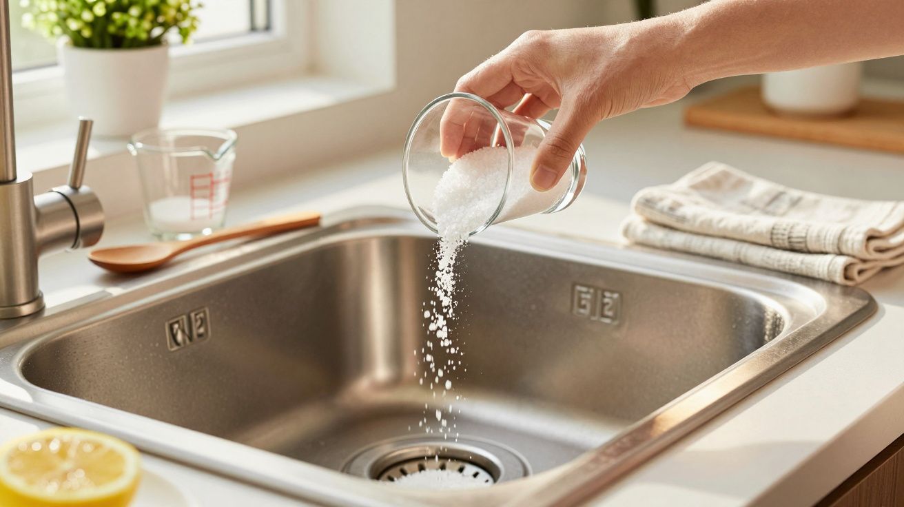 Mão a derramar sal no lava-loiça de inox ao lado de uma bancada com limão e toalhas.