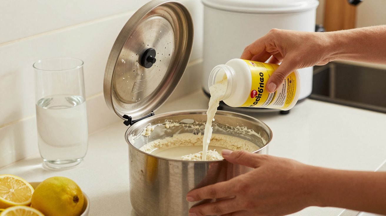 Pessoa adiciona gelatina em pó a uma panela com mistura cremosa na cozinha. Limões e copo de água ao lado.