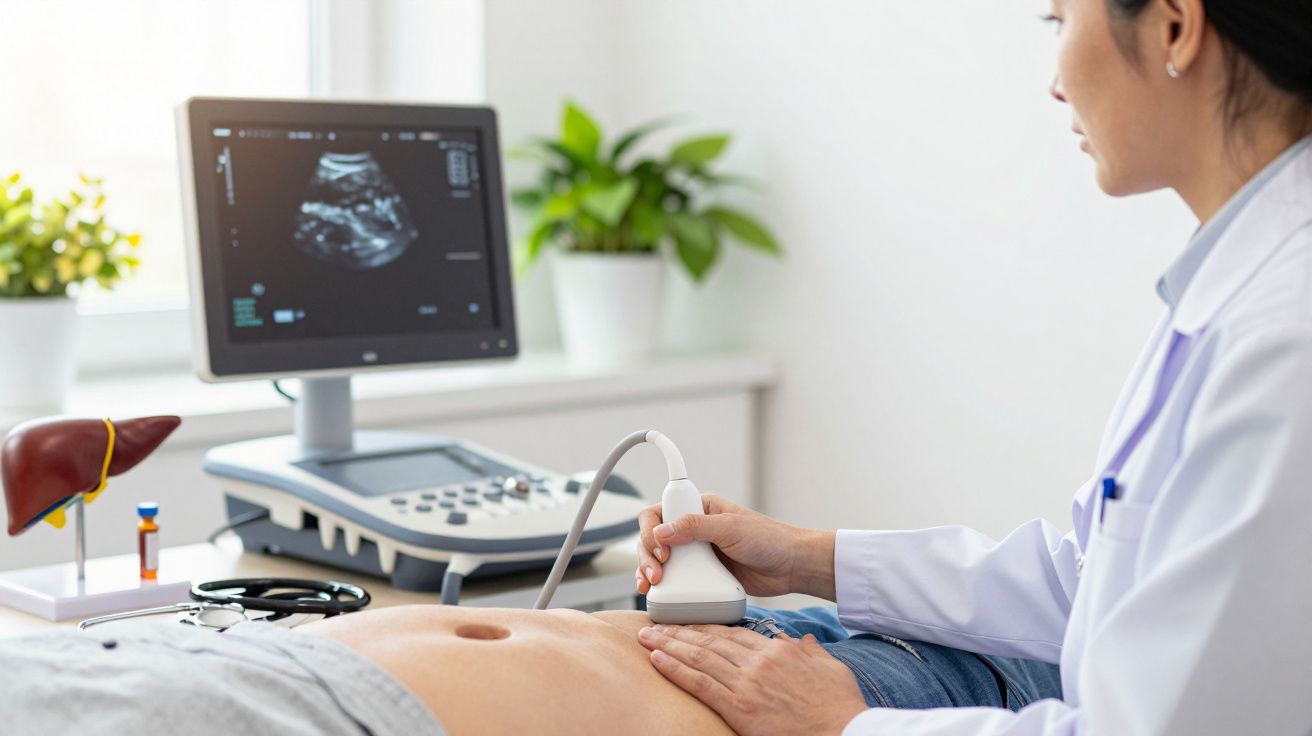 Profissional de saúde realiza ultrassonografia abdominal num paciente deitado, com monitor mostrando imagem em preto e branco