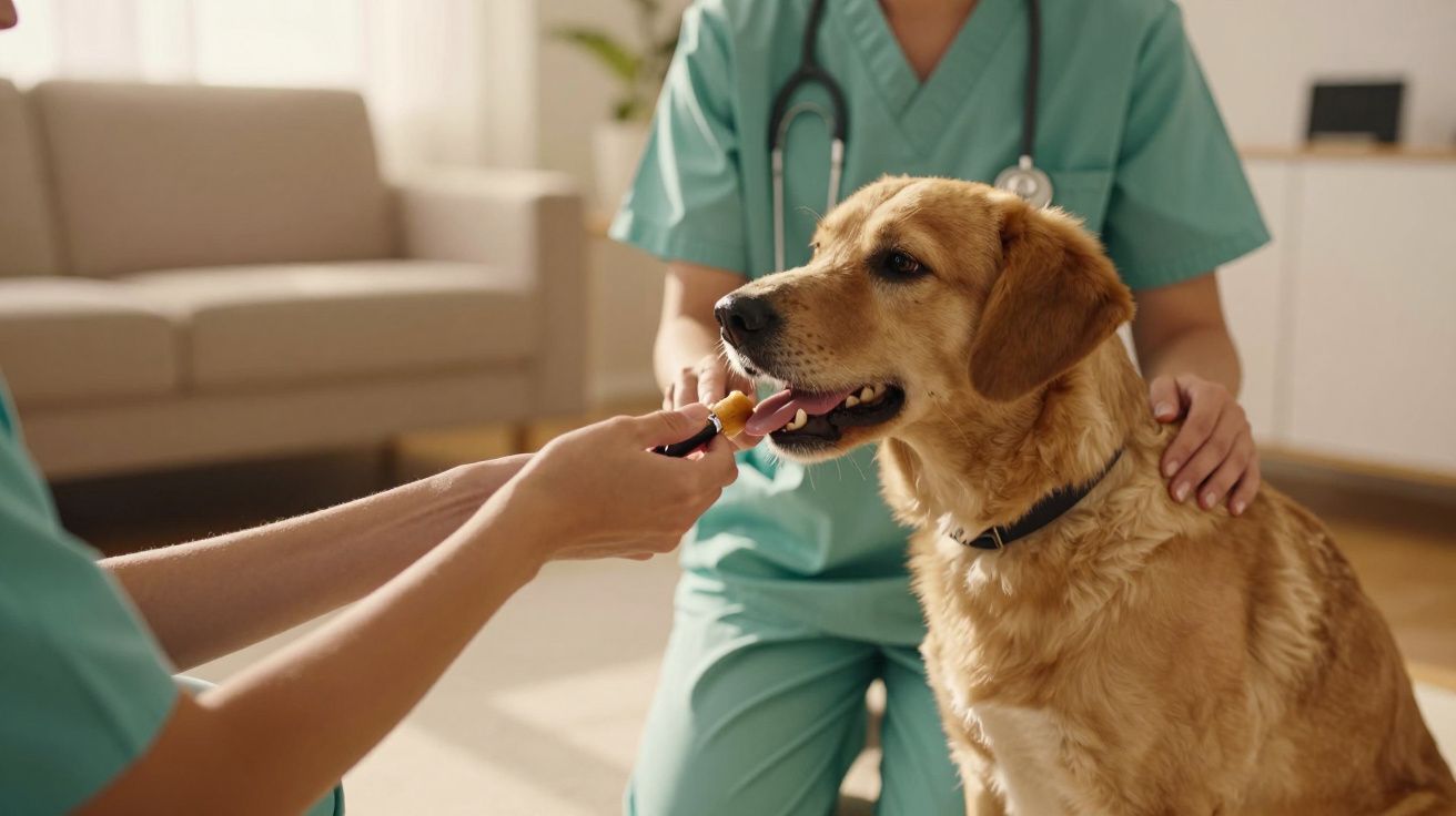 Veterinários em roupas verdes cuidam de um cão, oferecendo-lhe tratamento numa clínica.