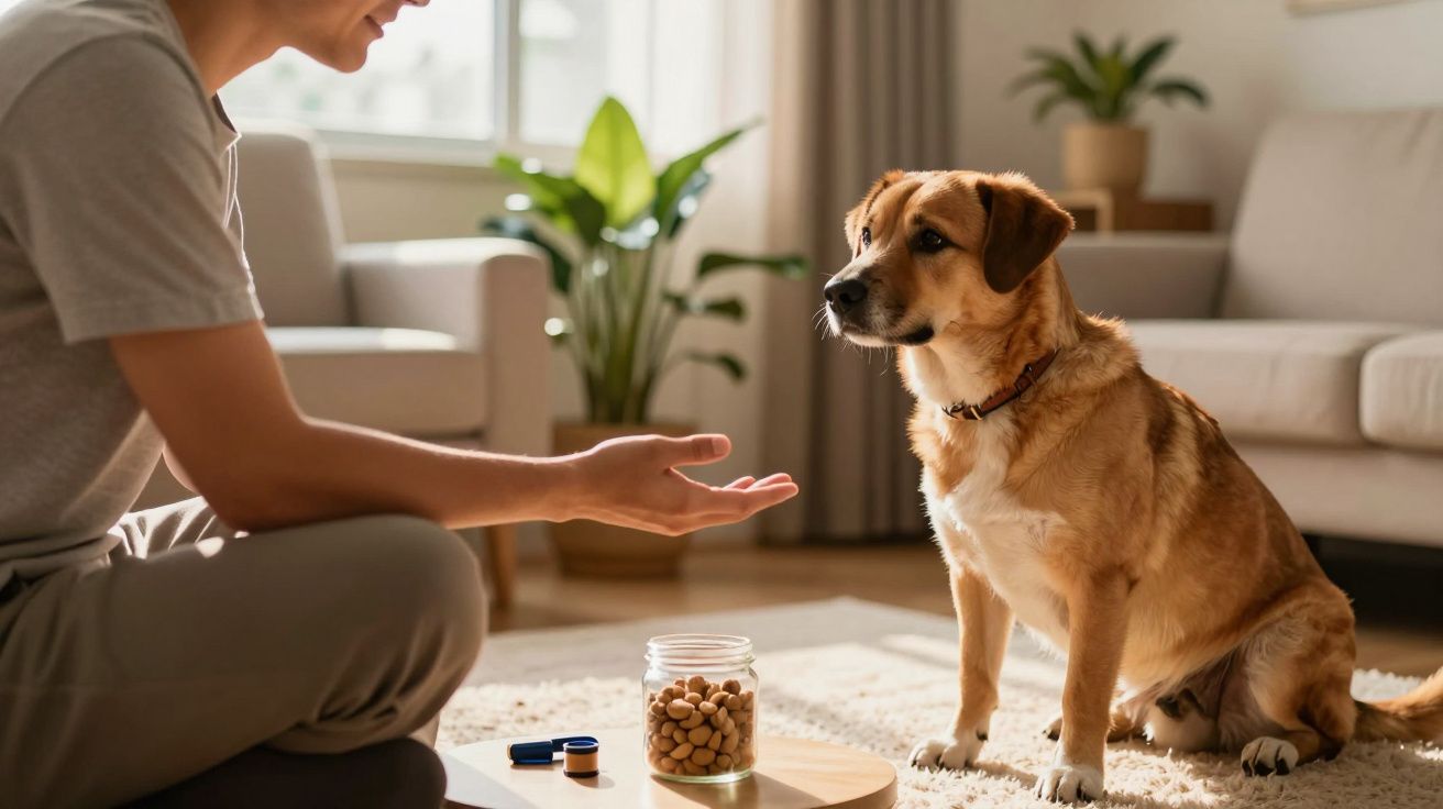 Pessoa a ensinar truques a um cão castanho, com um frasco de biscoitos sobre a mesa na sala de estar iluminada.