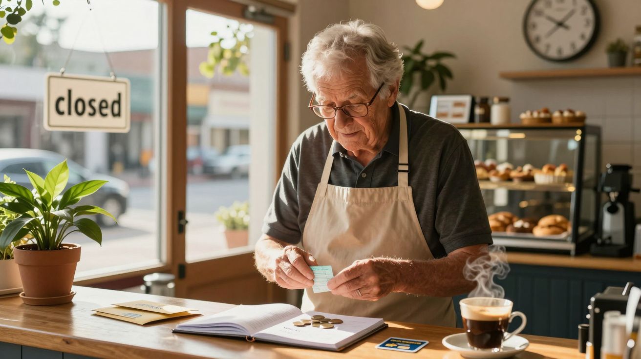 Idoso de avental conta trocos num café fechado, com uma chávena de café quente ao lado e uma montra de bolos atrás.