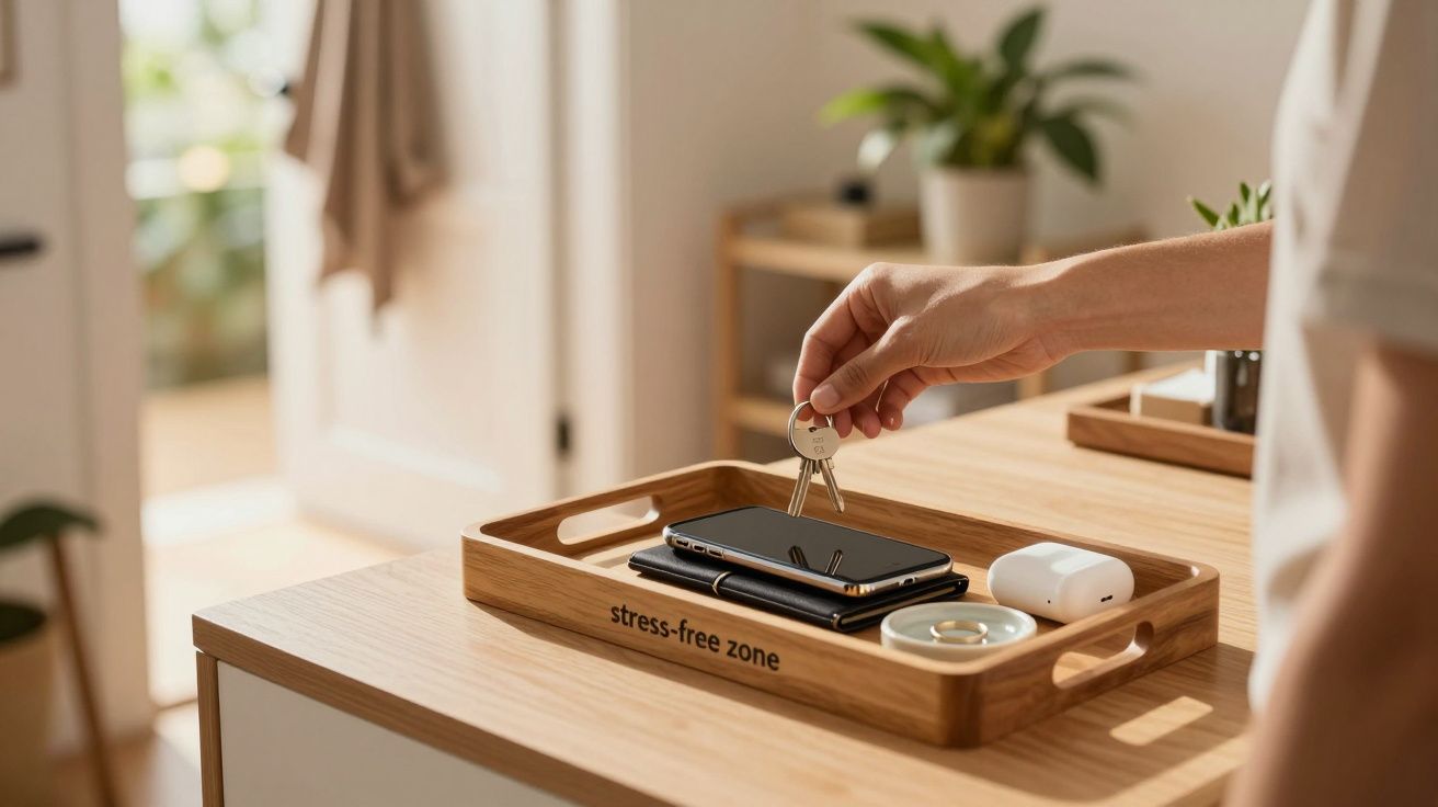 Mão coloca chaves numa bandeja de madeira com telefone, auriculares e vela em cima de uma mesa numa sala iluminada.