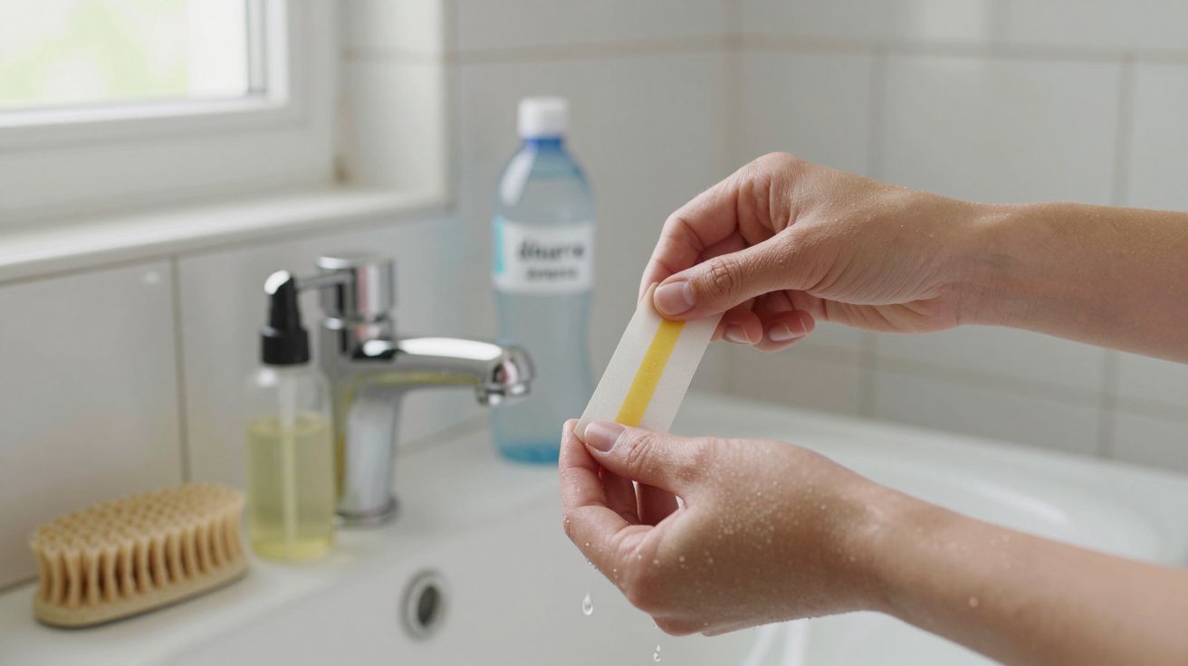 Mãos segurando tira de teste de pH sobre lavatório, com produtos de higiene ao fundo.