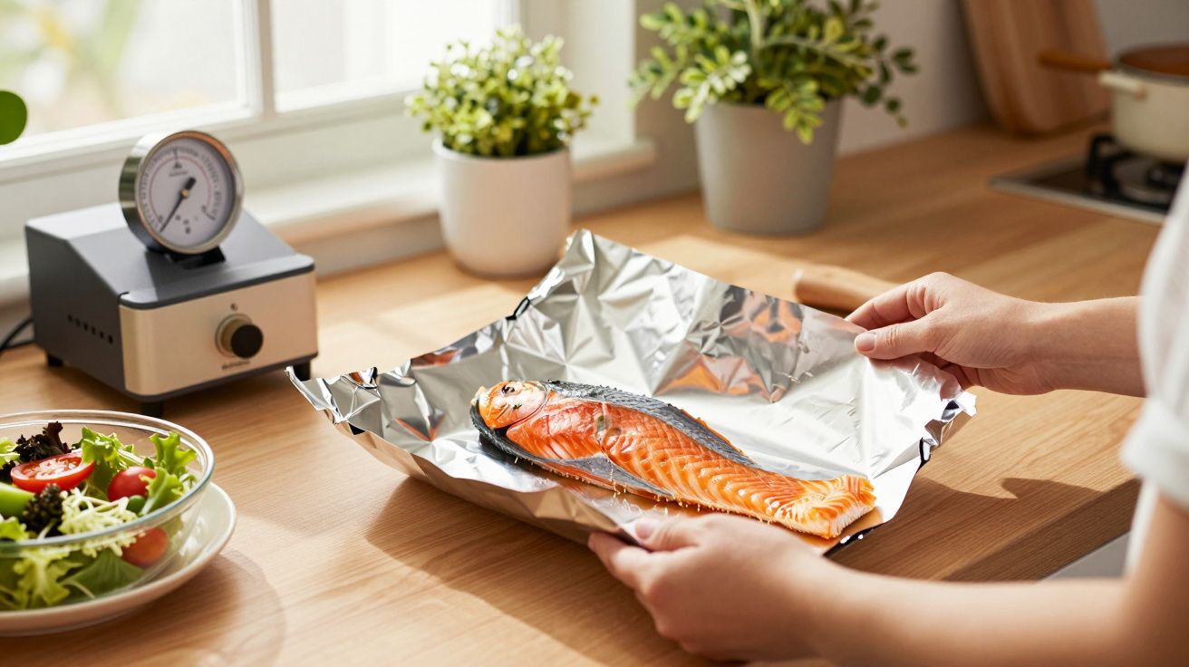 Pessoa a embrulhar um salmão em papel de alumínio na cozinha, ao lado de uma salada e de um pequeno forno.