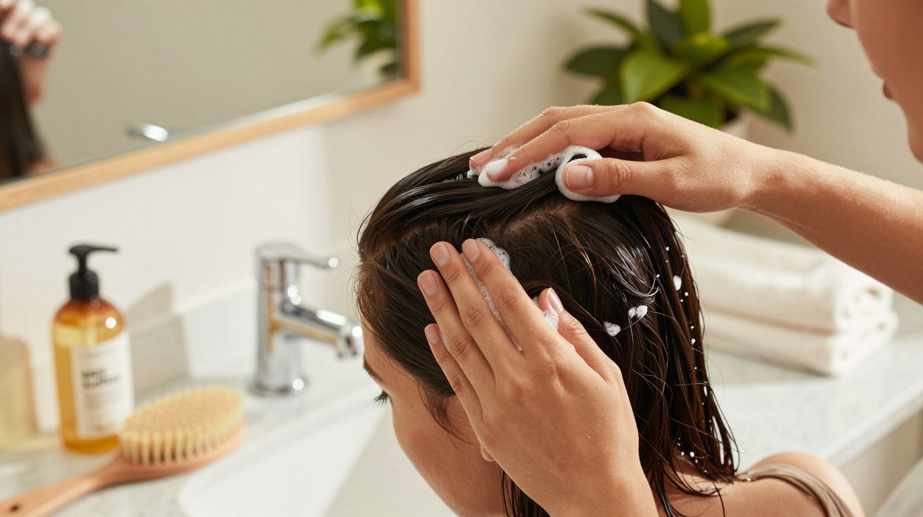 Pessoa a lavar o cabelo com champô no lavatório, mãos esfregando o couro cabeludo.