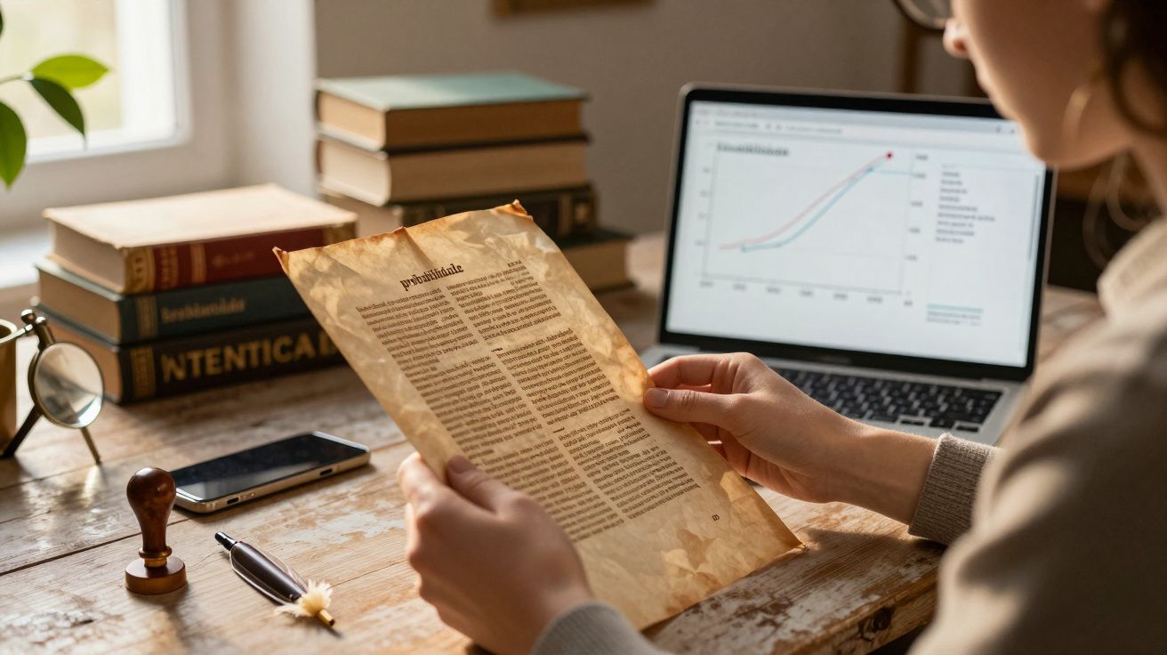 Pessoa a ler documento antigo à secretária, com portátil ao lado e livros empilhados ao fundo.