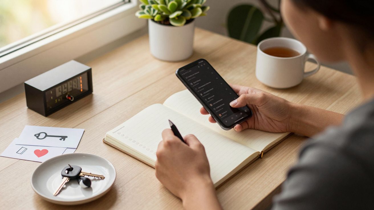 Pessoa escreve num caderno enquanto verifica o telemóvel numa mesa com relógio, chávena e chaves.