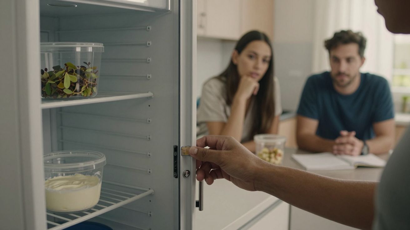 Pessoa abre frigorífico com caixas de comida, enquanto duas pessoas estão sentadas ao fundo.