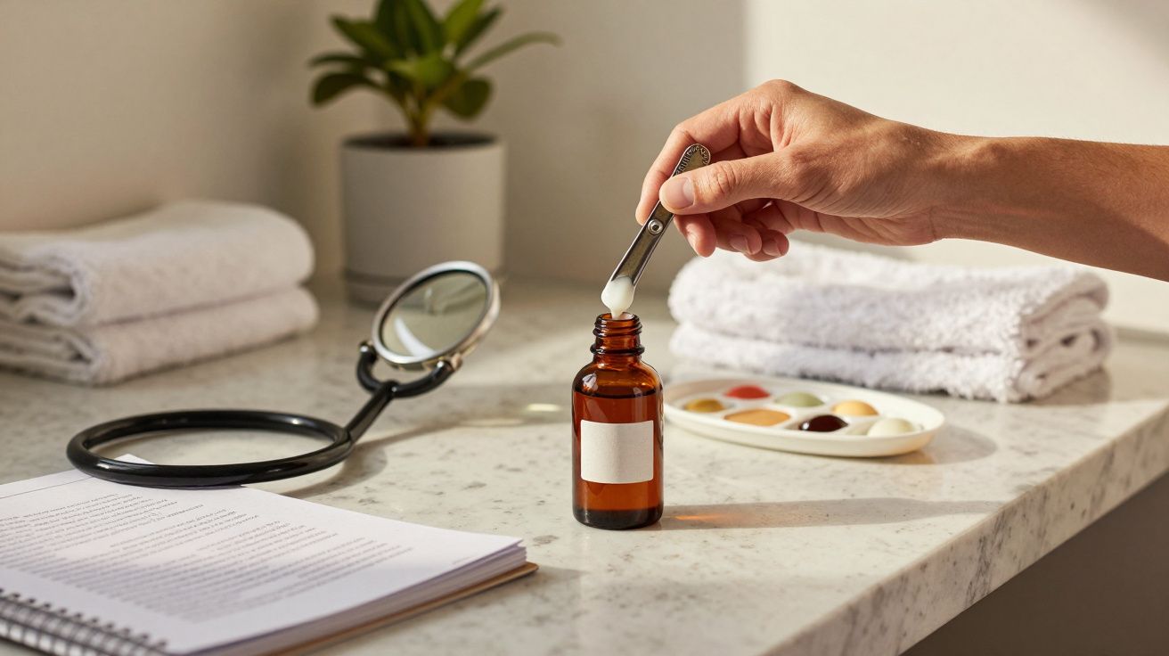 Mão segurando colher sobre frasco âmbar em bancada com toalhas, planta e espelho.