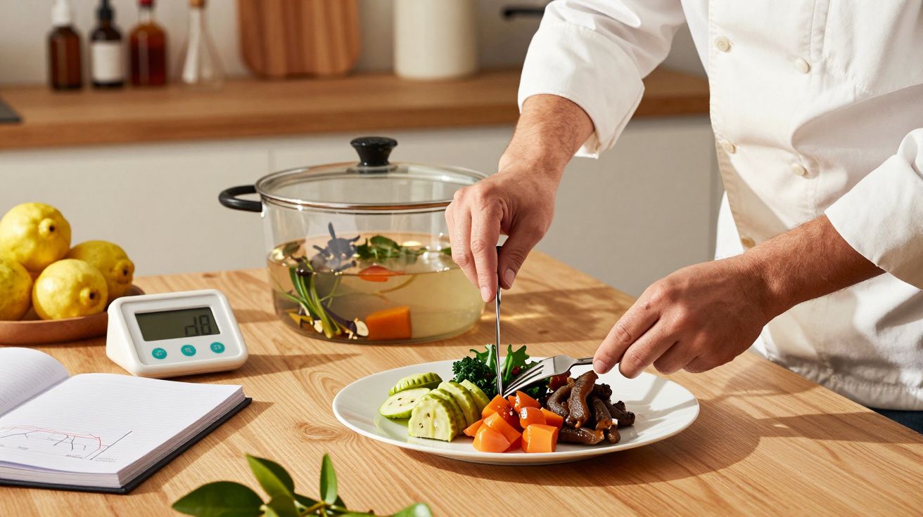 Cozinheiro em farda branca decorando prato com legumes e carne num balcão de cozinha, ao lado de panela e temporizador.