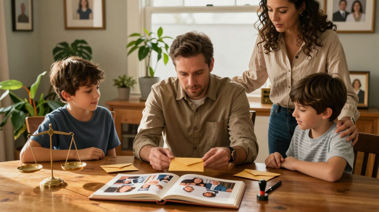 Família reunida à mesa a ver álbum de fotos, com dois rapazes, um homem e uma mulher, rodeados por plantas e quadros.