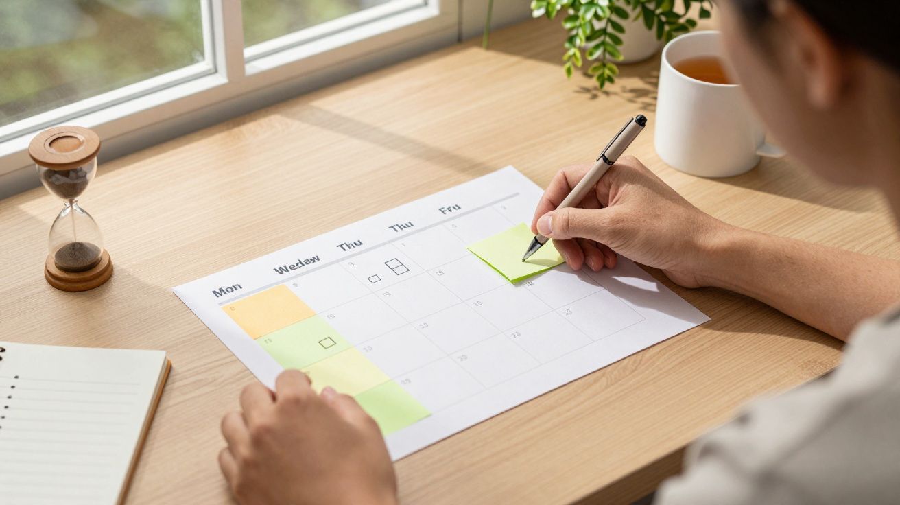 Pessoa escreve num calendário de mesa, com notas adesivas e ampulheta ao lado de uma janela.