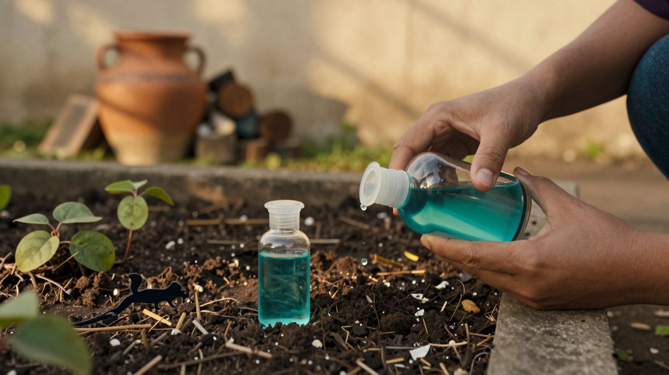 Mãos a despejar líquido azul de uma garrafa em terra junto a plantas, num jardim com vaso de barro ao fundo.