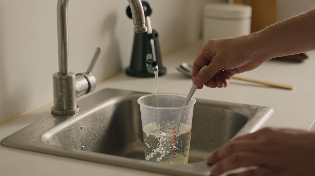 Mão a lavar um copo medidor de plástico numa pia, sob uma torneira.