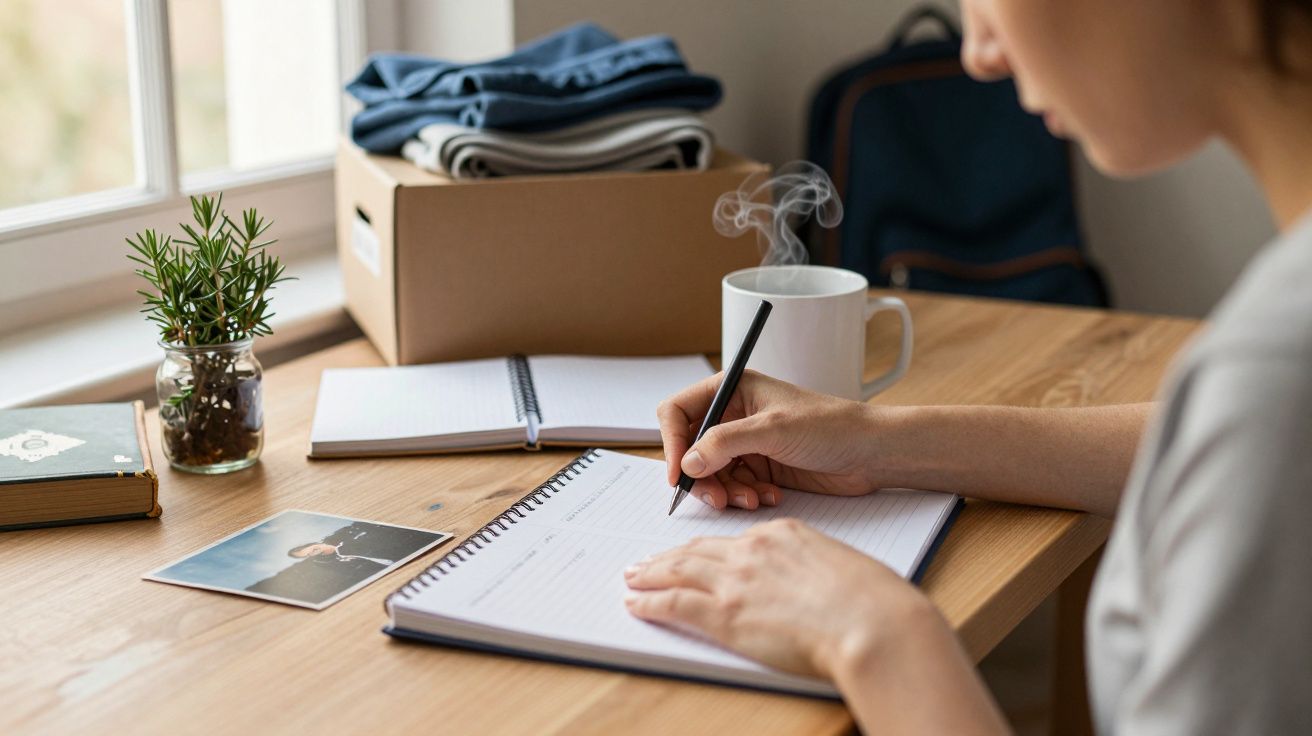 Pessoa a escrever num caderno numa mesa, com caneca, planta e fotografia ao lado.