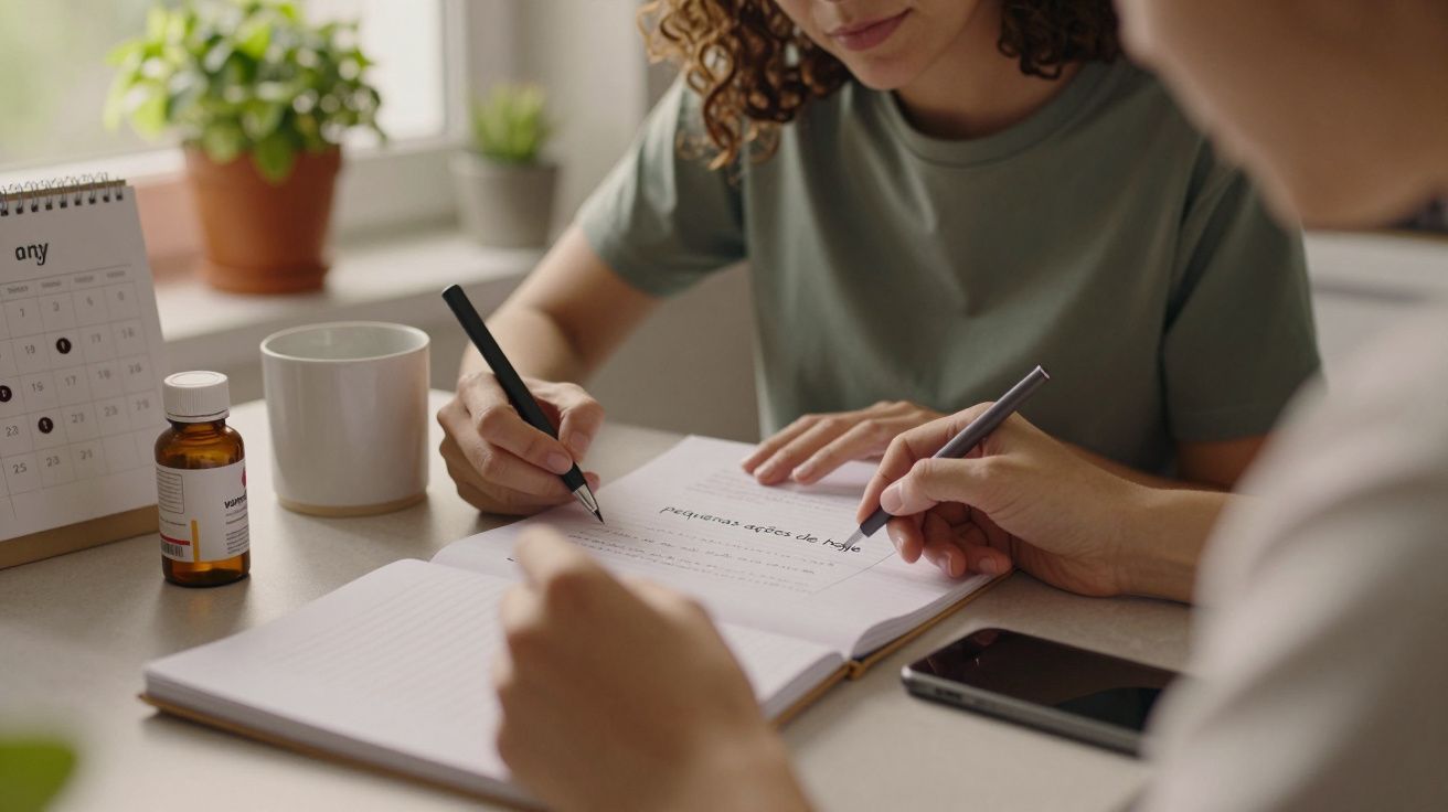 Pessoas escrevendo em caderno numa mesa com plantas, chávena, garrafa e calendário.