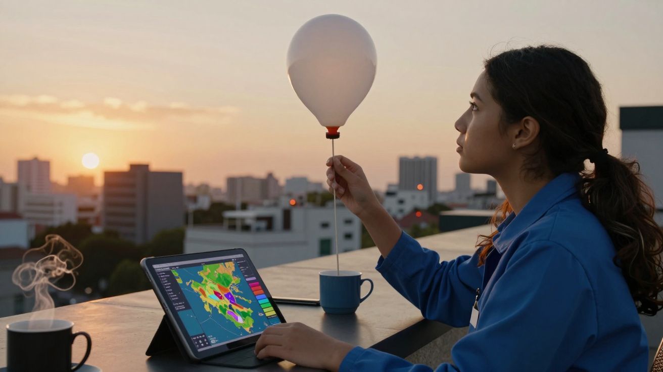 Mulher segura balão, observando tablet com mapa meteorológico, ao pôr do sol numa varanda urbana.