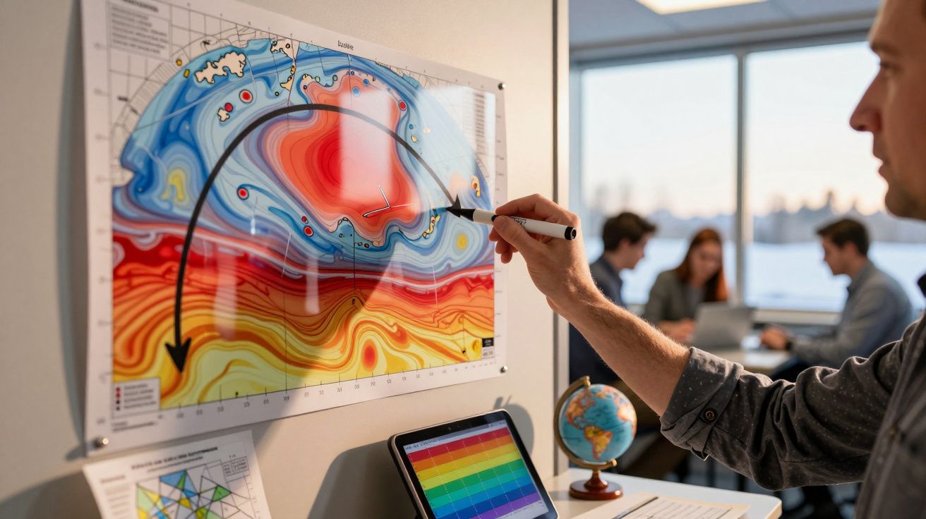 Homem aponta para mapa meteorológico colorido numa sala de reuniões, com tablet e globo ao lado. Pessoas discutem ao fundo.