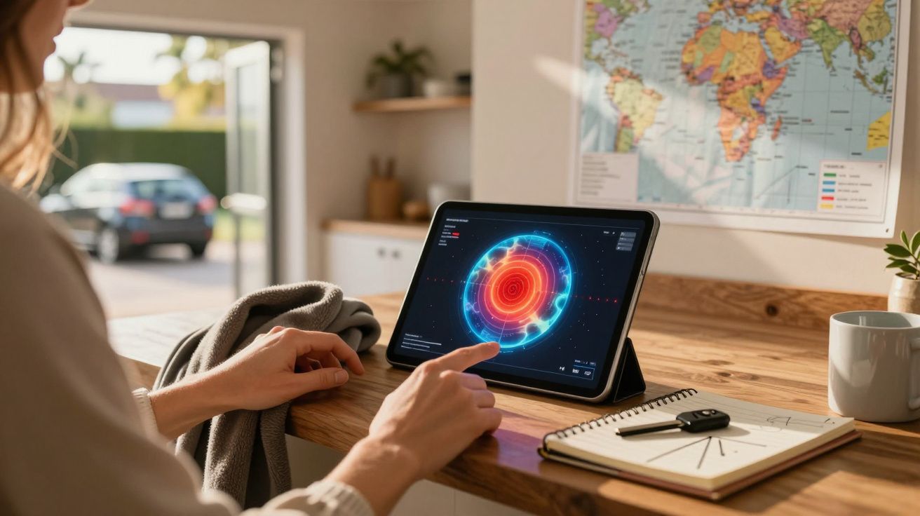 Pessoa interage com tablet mostrando gráfico, em mesa com caderno, caneca e mapa na parede ao fundo.