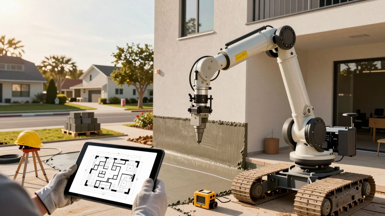 Robô construindo parede de cimento enquanto pessoa observa desenho técnico num tablet, em ambiente residencial.