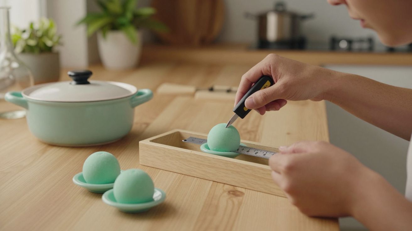 Pessoa usa faca para cortar bola de gelo verde em tabuleiro de madeira, numa cozinha com utensílios ao fundo.