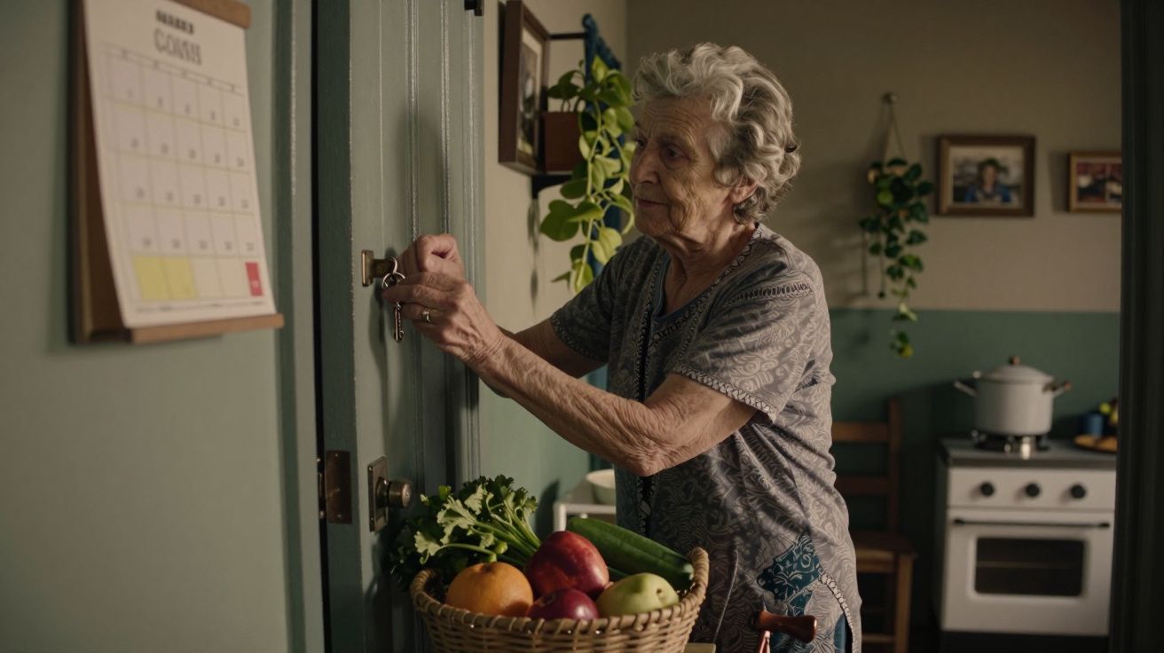 Idosa de cabelo grisalho fecha porta, com cesta de frutas ao lado. Cozinha ao fundo, fogão aceso e plantas penduradas.