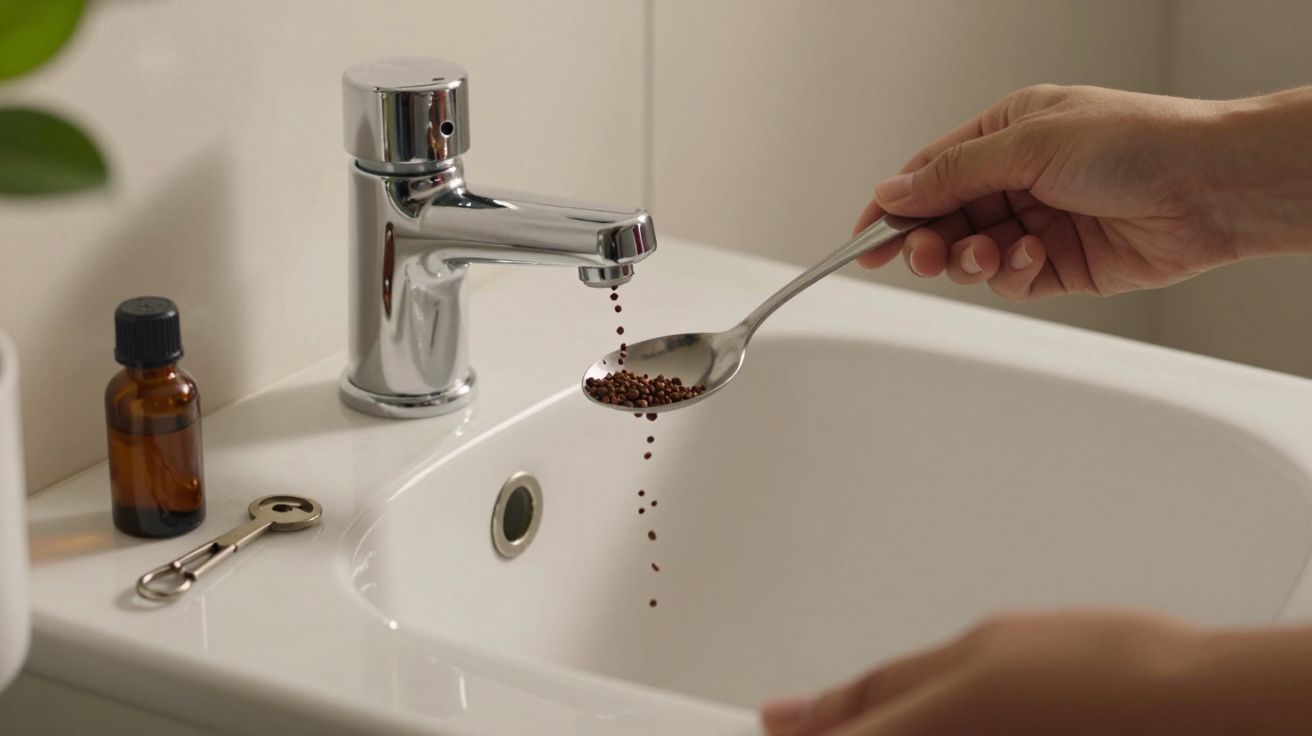 Pessoa despeja sementes de uma colher sobre uma pia branca com uma torneira moderna e frasco âmbar ao lado.