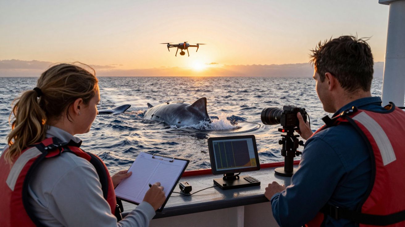 Investigadores observam tubarão no oceano ao pôr do sol, com drone e equipamento fotográfico.